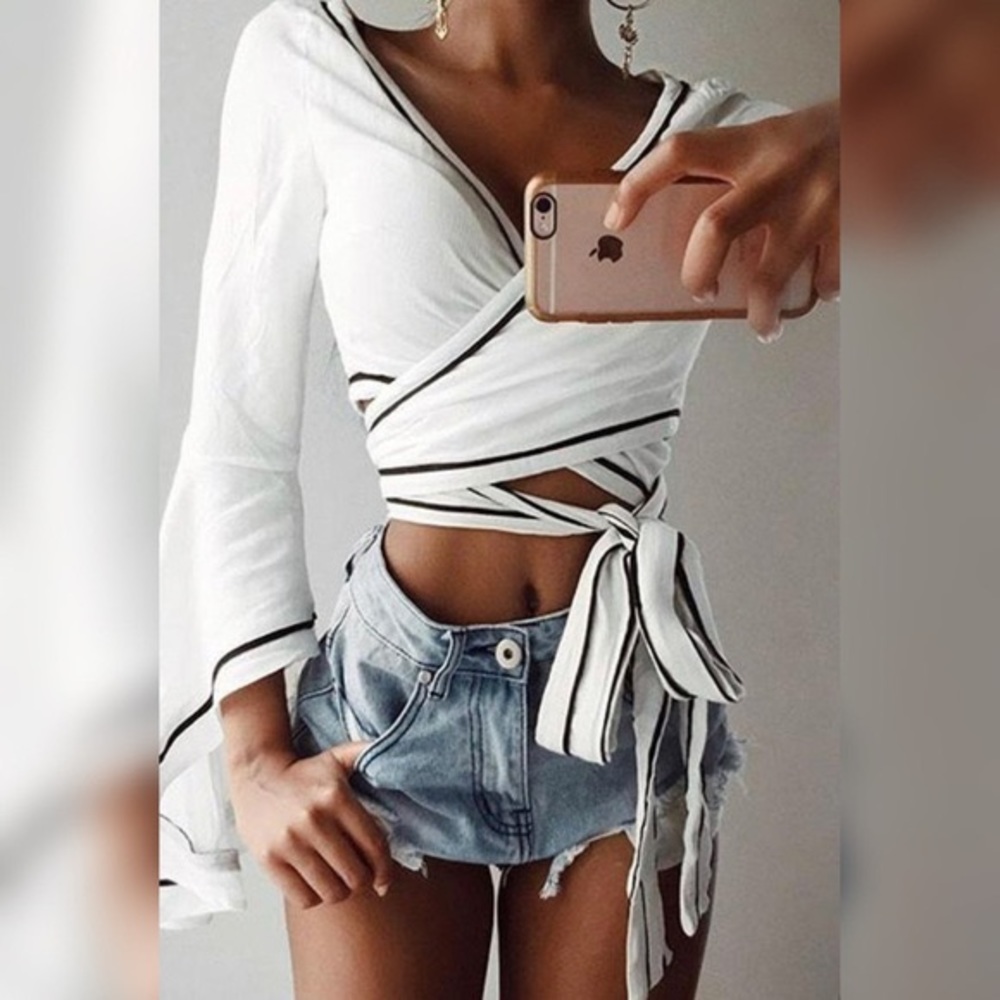 White and Black Cross Tie Top